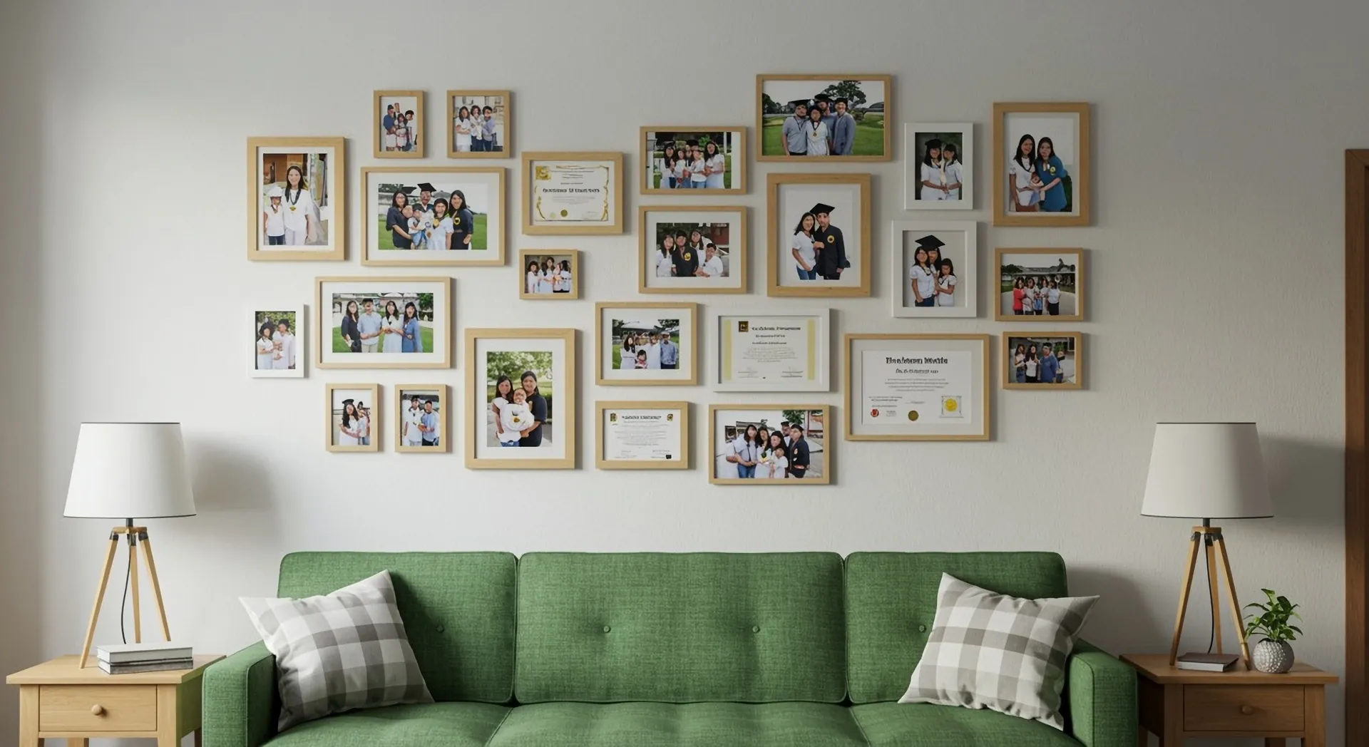 Green sofa beneath a wall of framed family photographs, flanked by two lamps