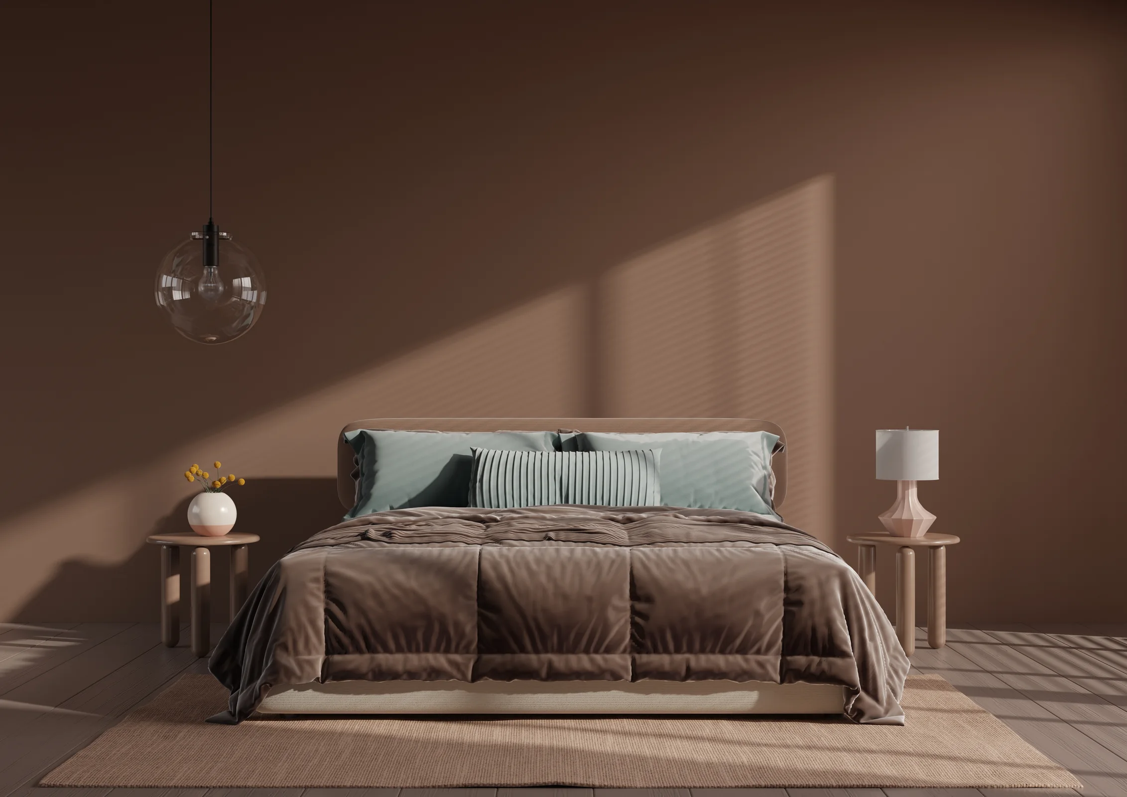 A calm bedroom layered with warm texture